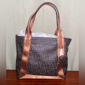 Calvin Klein 2 In 1 CK Logo Print Double Handle Tote Bag W/Coin Purse Brown NWT